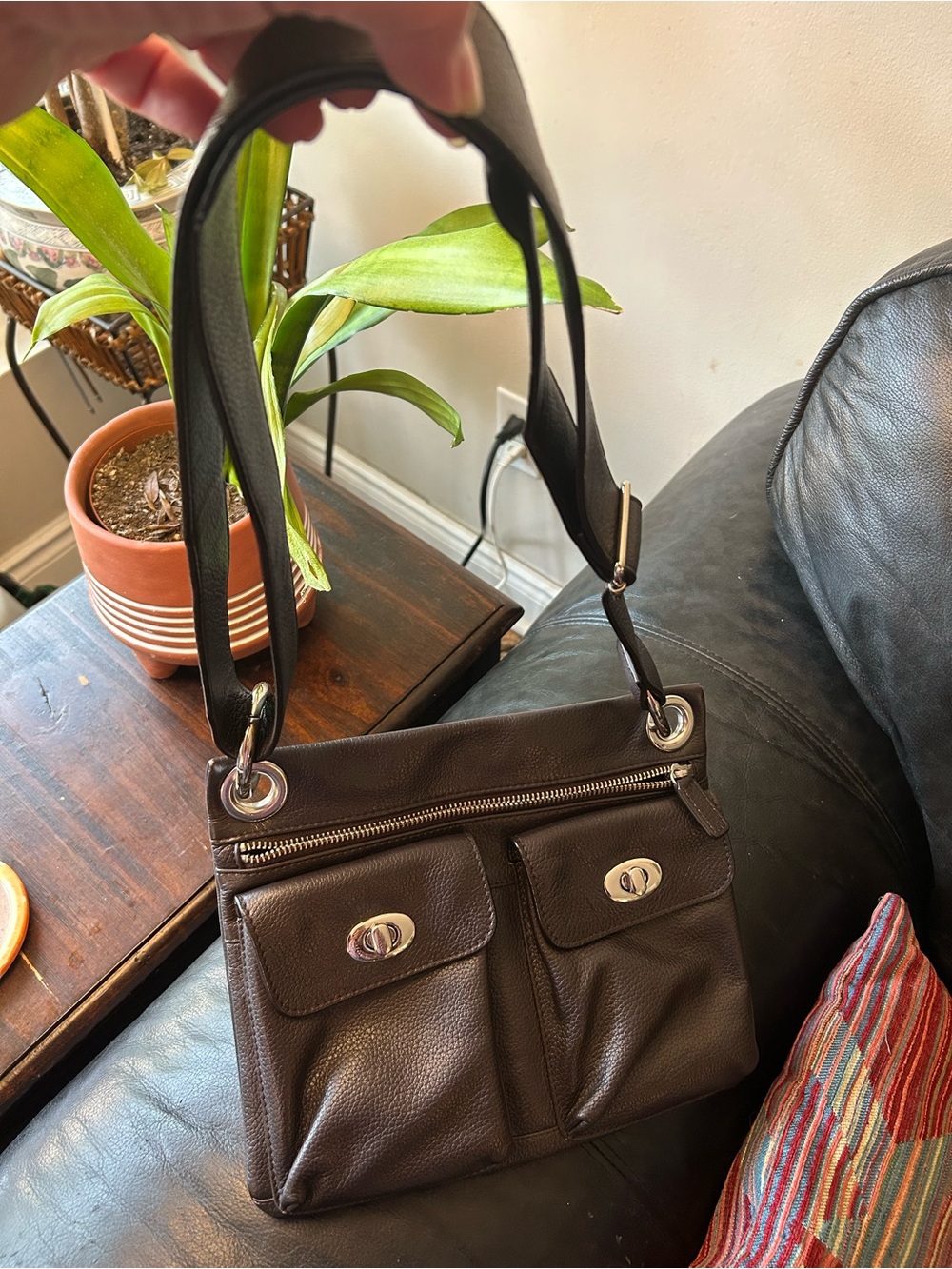 Danier Dark Brown Leather Shoulder Bag with Front Pockets